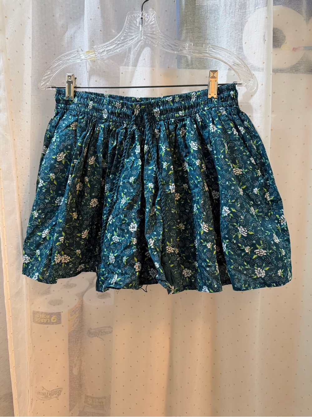 Floral Print Elastic Waist Mini Skort - Teal Blue